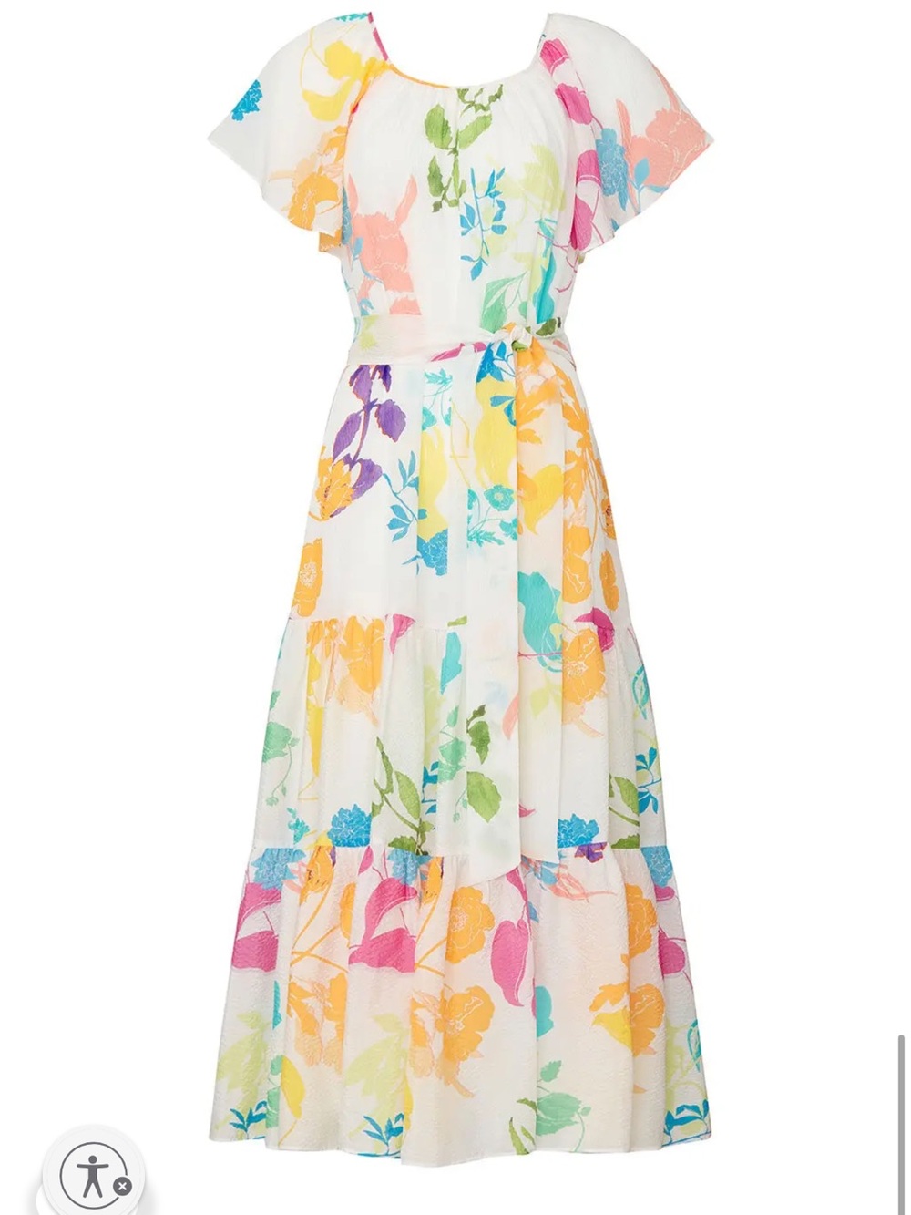Tanya Taylor Ella Colorful Floral Silk Midi Dress- Tiered Ruffle Hem & Pockets